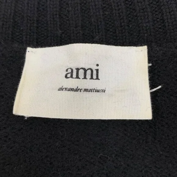 Ami Black Stripe Heart Embroidered Wool Turtleneck Long Sleeve Knit Sweater